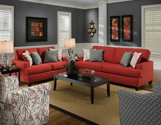 Comfy Living Room With Modern Stylish Red Sofa And White And Grey .