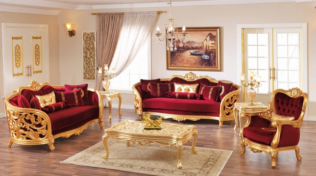 Monique Victorian Ruby Red Luxury Sofa & Loveseat Set Gold Mahoga