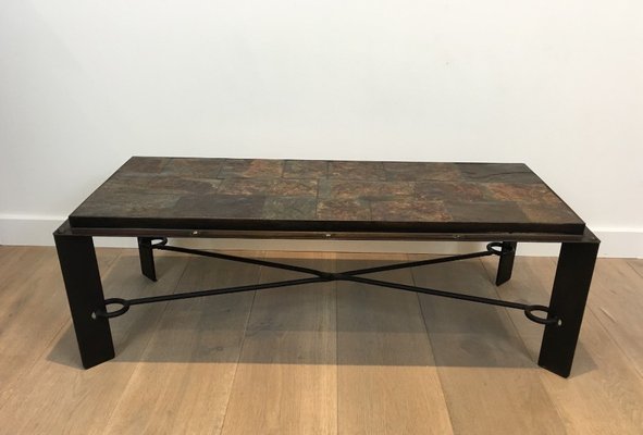 Steel and Iron Coffee Table with Lava Stone Top, 1940s for sale at .