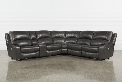 Travis Dark Grey Leather 6 Piece Power Reclining Sectional With .