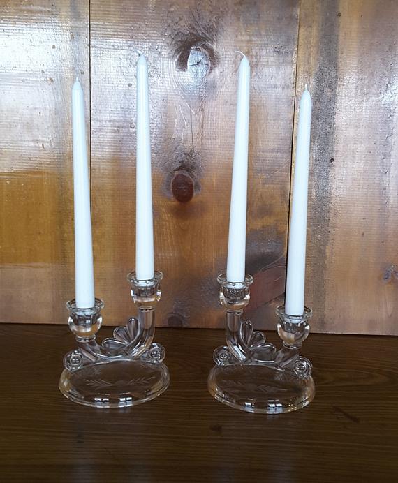 Vintage GLASS CANDLE HOLDERS 4 Taper Holder Wheat Etching Set | Et
