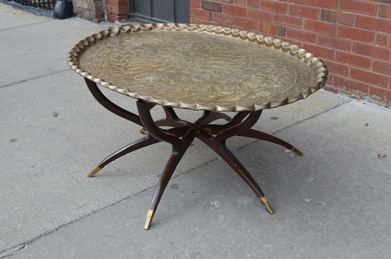 Large Vintage Brass Tray Coffee Table on Midcentury Folding Base .