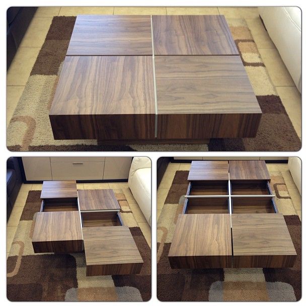 Square Coffee Table with 4 Drawers for storage in Walnut .