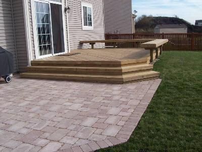 Wood deck that steps down to paver patio | Patio adjacent to Deck .