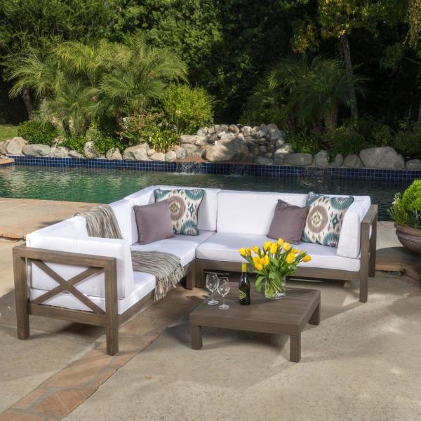 Noble House Brava Gray 4-Piece Wood Outdoor Sectional Set with .